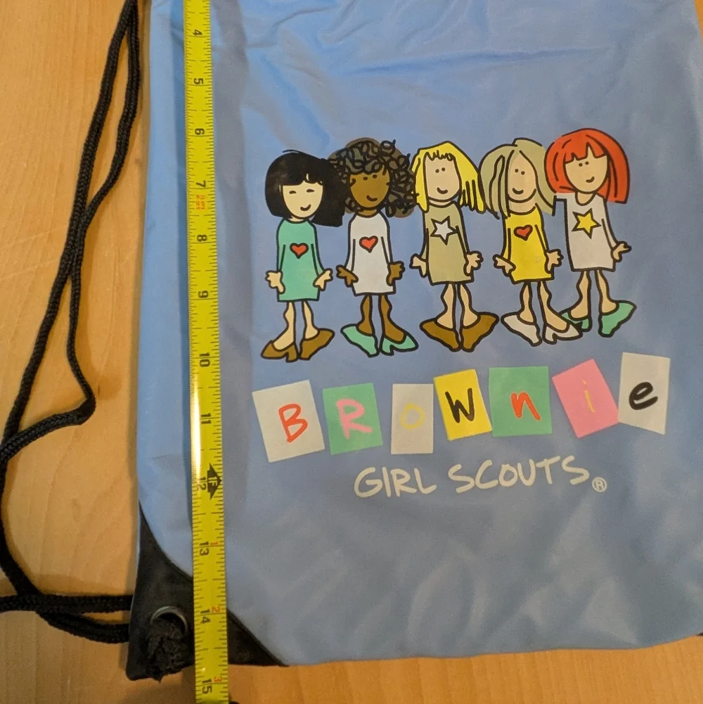 Girl Scouts Blue Drawstring Brownie Backpack & Patches